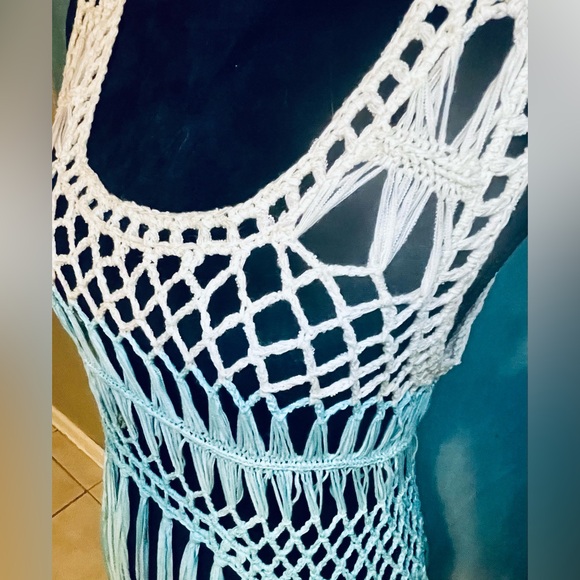 VENUS Macrame Top Size MED Fringe Teal Blue Dipped Top Swimsuit Cover Up - Picture 7 of 14